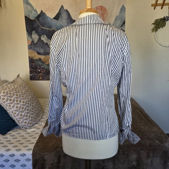 Jones New York Signature Black White Striped Wrap Blouse XL Cotton Tie Waist Top - Picture 9 of 11